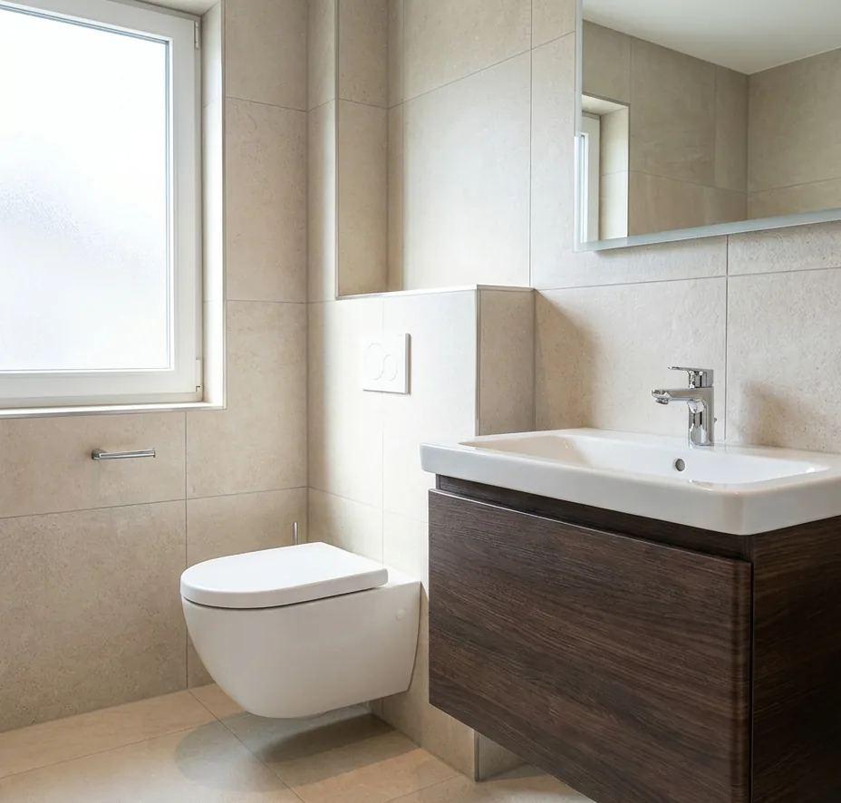 Fertig saniertes Badezimmer mit neuer Sanitärausstattung