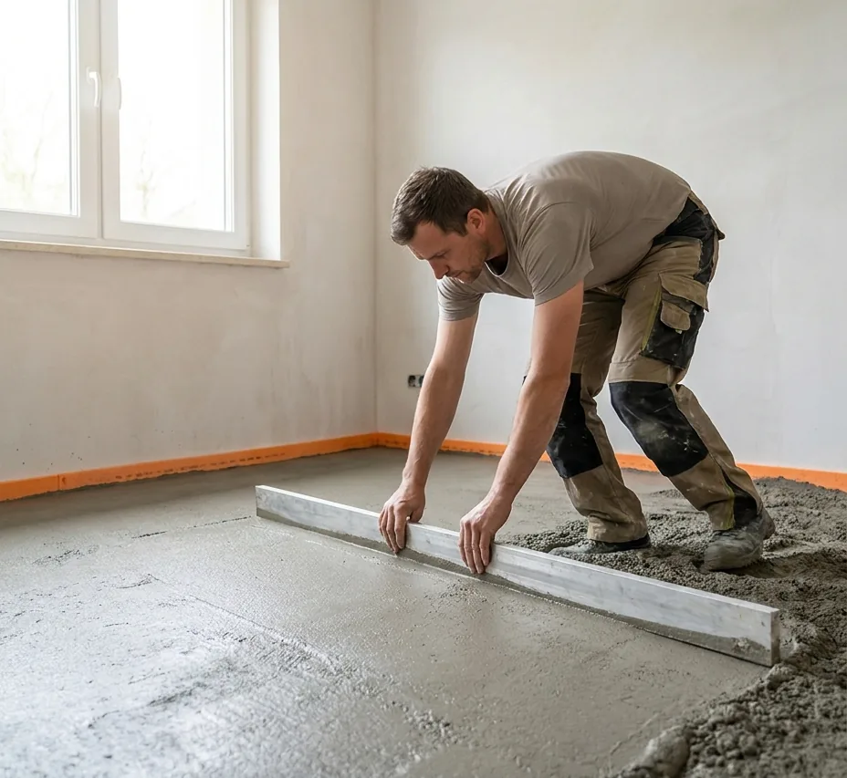 Estricharbeiten: frisch abgezogener Estrich in einer Wohnung