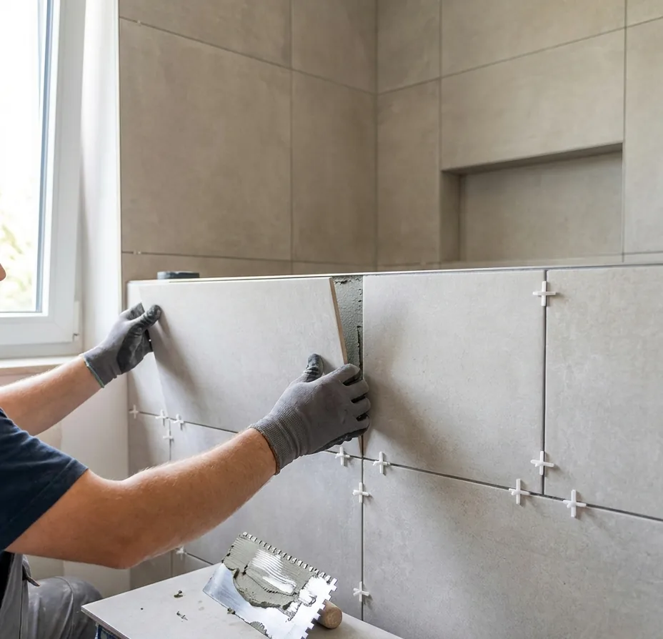 Fliesenleger setzt großformatige Wandfliesen mit Nivelliersystem