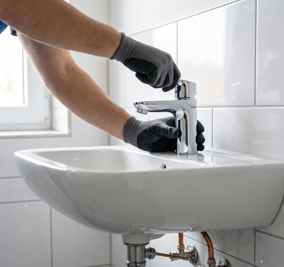 Monteur installiert eine neue Armatur am Waschbecken