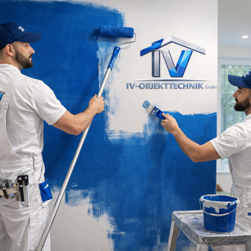 Malerarbeiten Zwei Männer in Arbeitskleidung streichen eine Wand blau und arbeiten an einem Logo.