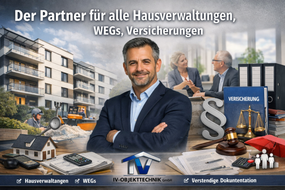 Projektleiter mit Dokumenten, Wohnungsbildern und rechtlichen Symbolen im Hintergrund.