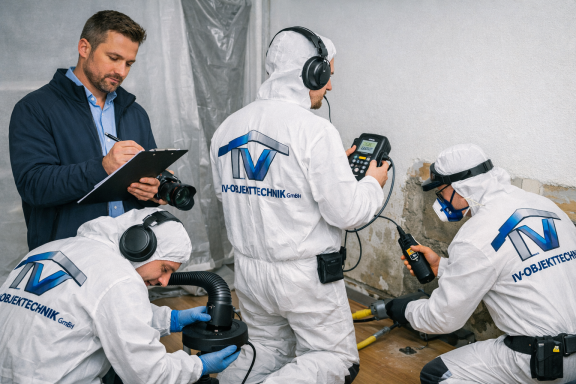 Vier Techniker in Schutzausrüstung überprüfen Rohre in einem Raum. Der Projektleiter dokumentiert.