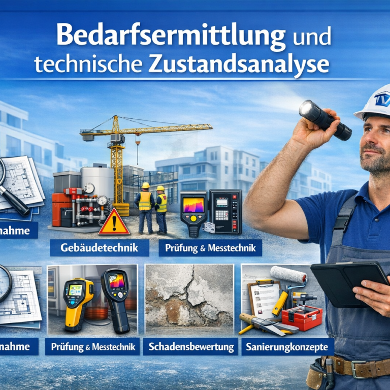 Technische Analyse und Bedarfsermittlung in Bau- und Sanierungstechnik mit Werkzeugen.